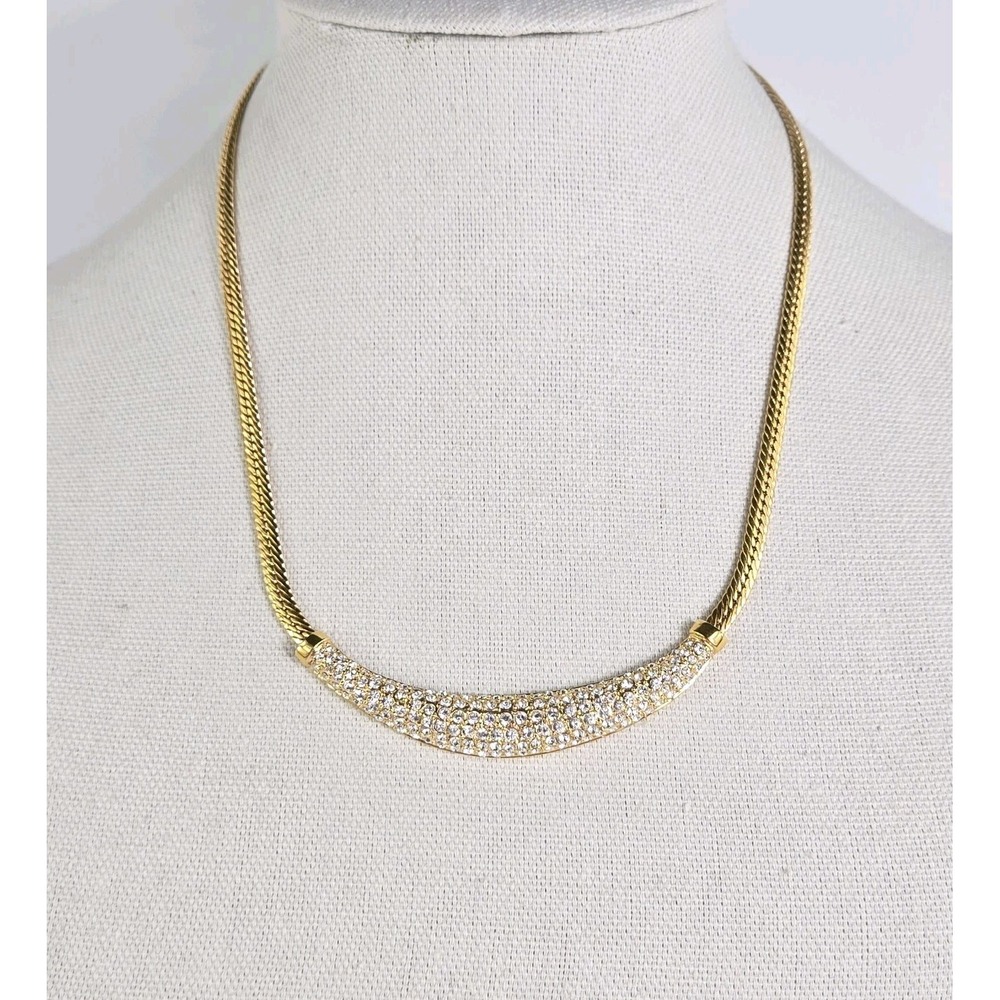 Vintage Roman Statement Rhinestone‎ Gold Tone Cresent Necklace 18" Glamour